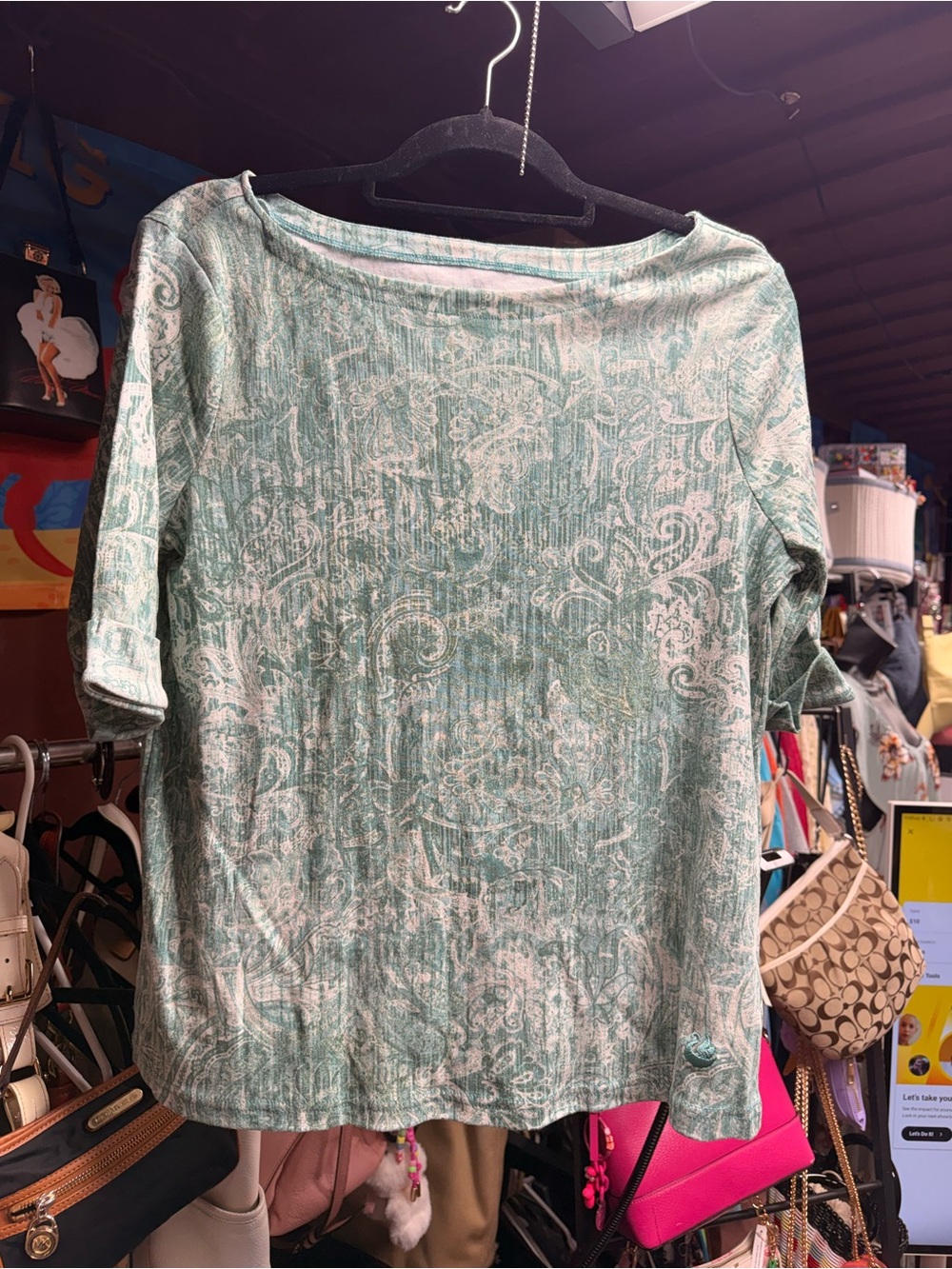 Gloria Vanderbilt Mint Green Paisley Boatneck Top